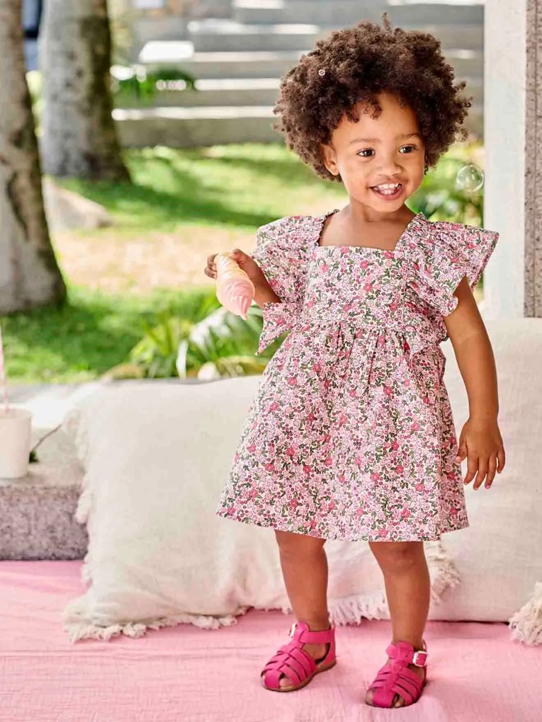 Vestido com folhos, para bebé estampado rosa