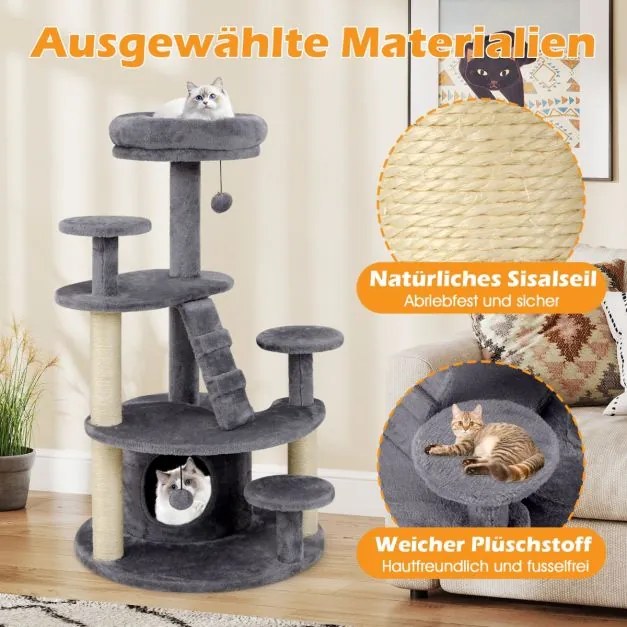 Arranhador para gatos com caverna, bola e escada, cinzento