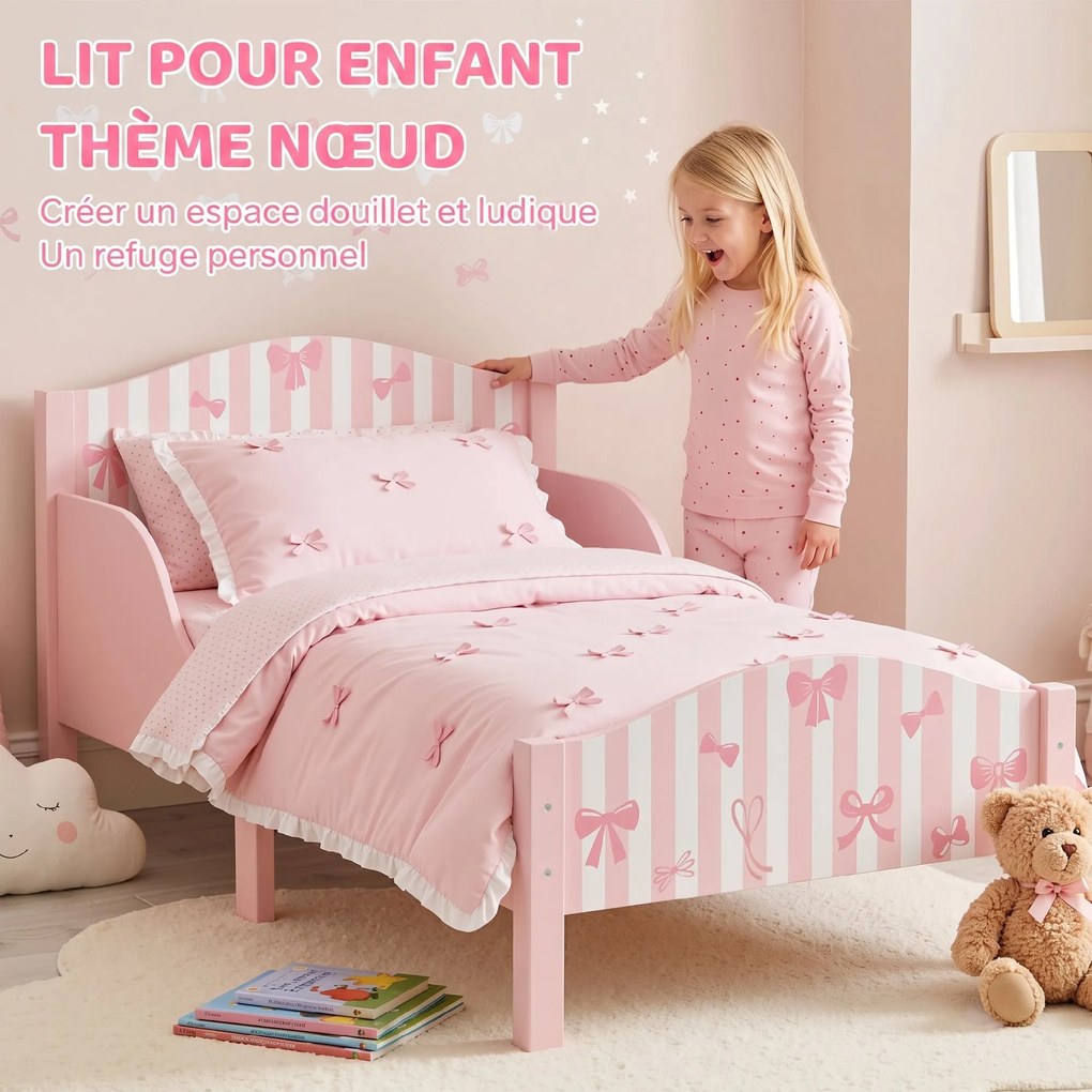 Cama de Criança com Laços, 146 x 76,5 x 54,5 cm (COLCHÃO NÃO INCLUIDO), Barreira de Segurança Elevada, Rosa