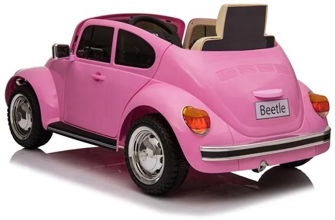 Carro elétrico bateria para Crianças Volkswagen Carocha Classico 12v, módulo de música, banco em pele, pneus de borracha EVA Rosa