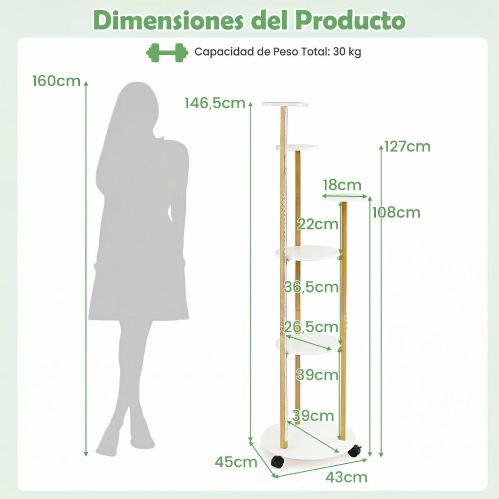 Suporte para plantas de canto com 6 níveis 45 x 43 x 146,5 cm, rodas bloqueáveis, luzes LED com 16 cores, comando à distância, branco