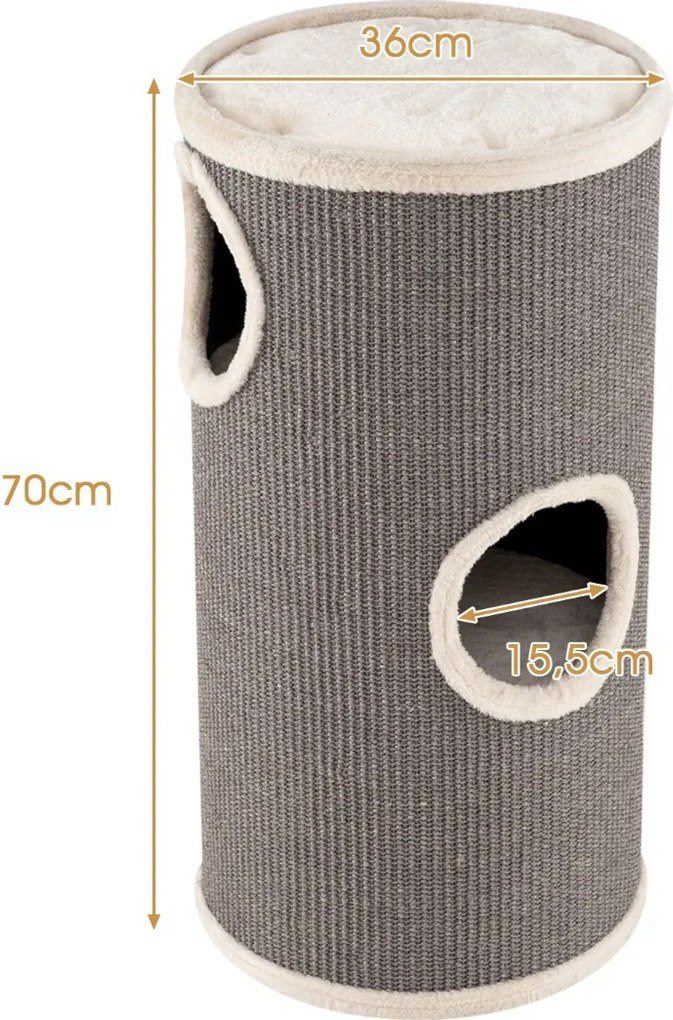 Casa para Gatos 4 Níveis 36 cm x 36 cm x 70 cm Design Multinível com Arranhador de Sisal Cama Acolchoada e Torre Barril Refúgio para Interior Cinza
