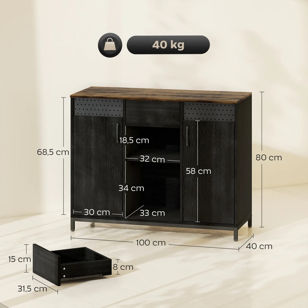 Aparador de 2 Portas com Orifícios 2 Compartimentos e Gaveta Prateleiras Ajustáveis 100x40x80 cm Preto e Castanho Rústico