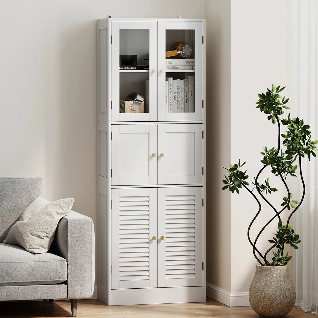 Armário de Casa de Banho Alto com Portas de Vidro Portas de Ripas e Prateleiras Ajustáveis 60x30x170 cm Branco