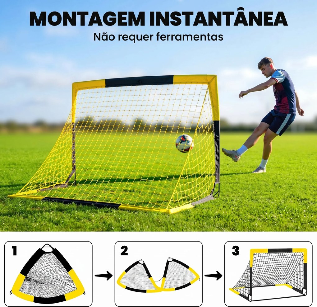 Baliza de Futebol Pop-Up Dobrável com Rede Portátil, Saco de Transporte, 4 Estacas em U e Varetas de Fibra de Vidro