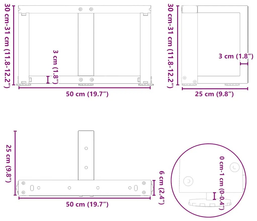 Pés para mesa de centro em forma de T, 2 peças, preto, 50x25x(30-31) c
