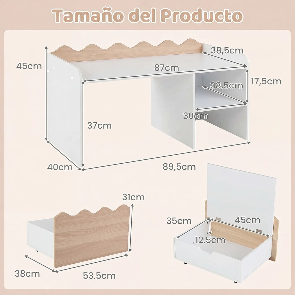 Secretária Infantil, 89,5 x 40 x 45 cm, Caixa de Arrumação com Rodas, Natural+Branco