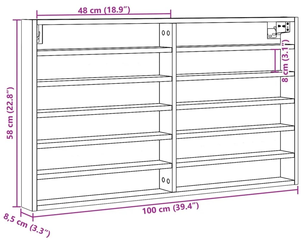 Armário vitrine 100x8,5x58 cm derivados de madeira cinza sonoma