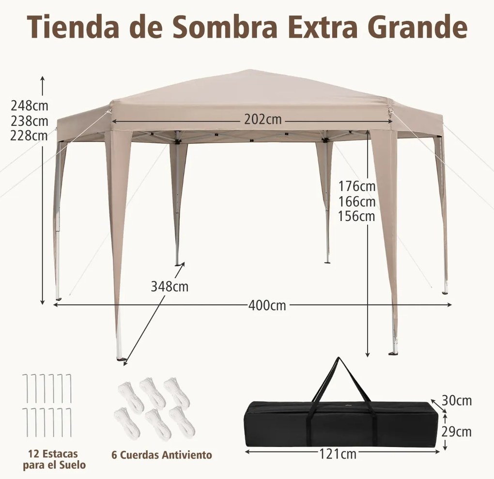 Tenda dobrável hexagonal 400 x 348 cm para exteriores com altura ajustável e pés revestidos cáqui