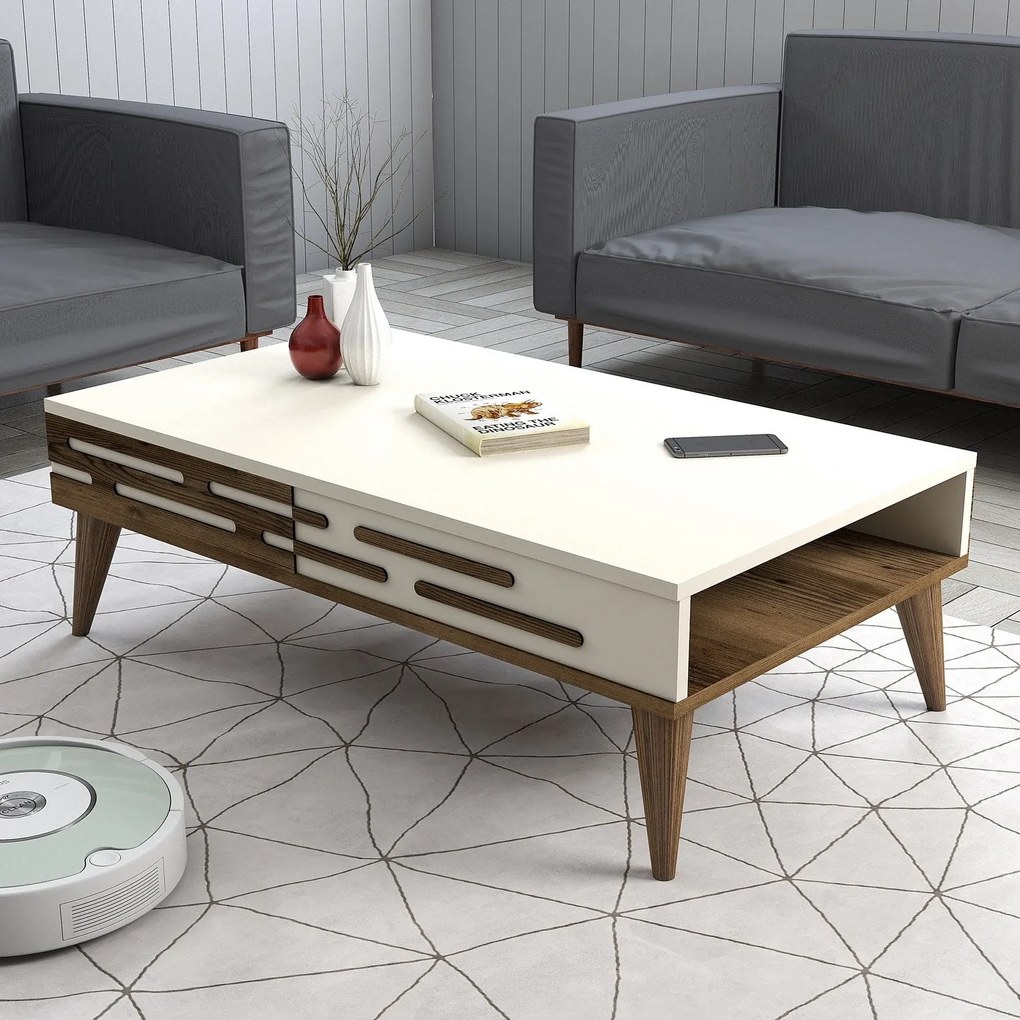 Mesa de Centro Valensiya – Nogueira e Creme – 105x60x34,6 cm