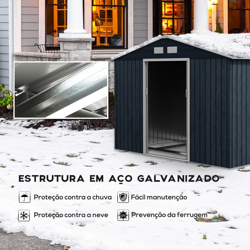 Abrigo de Jardim Metálico para Armazenamento de Ferramentas com Base de Reforço Incluída e 4 Janelas 277x195x192cm Cinza Escuro