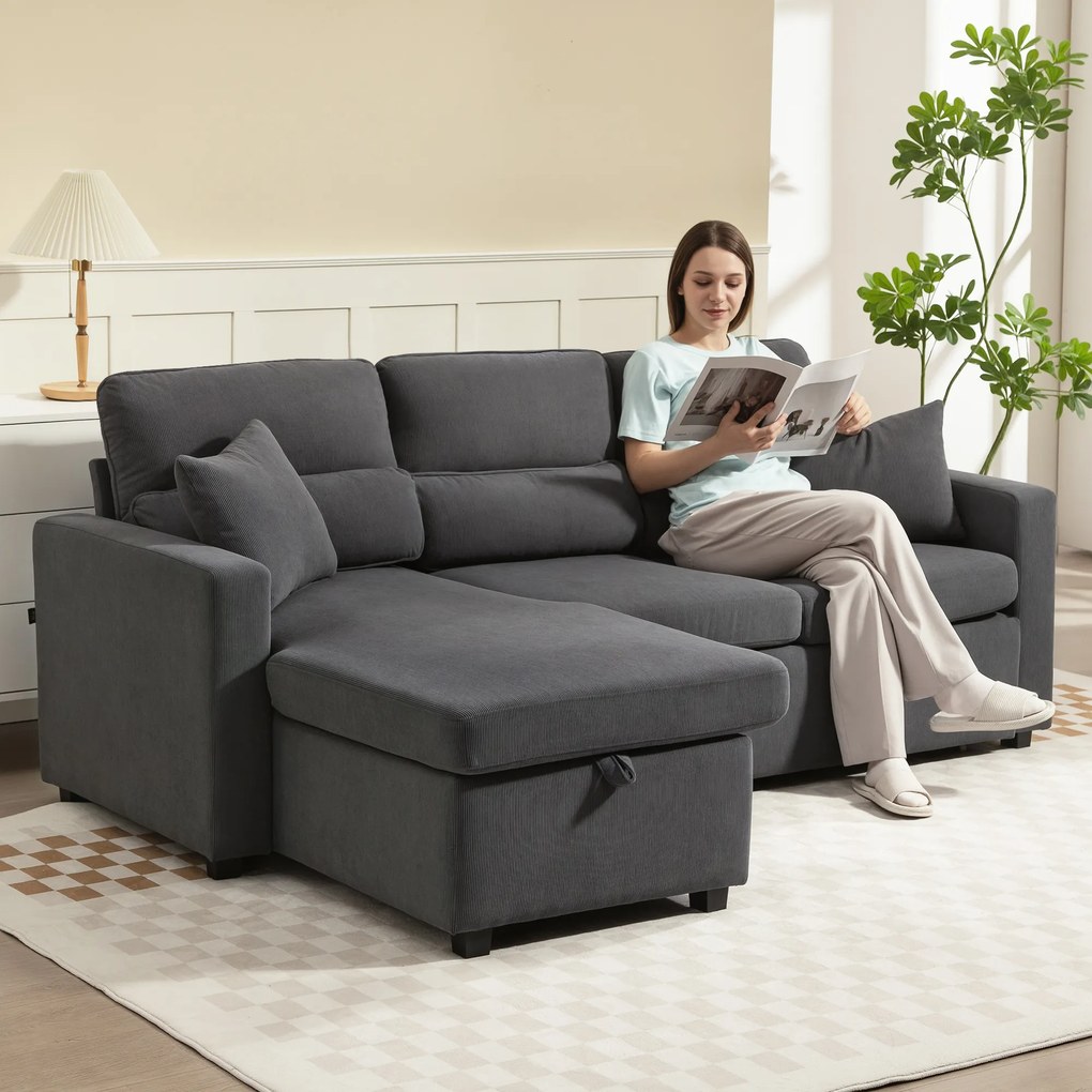 Sofá de canto convertível 205 x 135 x 76 cm em veludo canelado, sofá-cama de 3 lugares com arrumação oculta, almofadas, cinzento