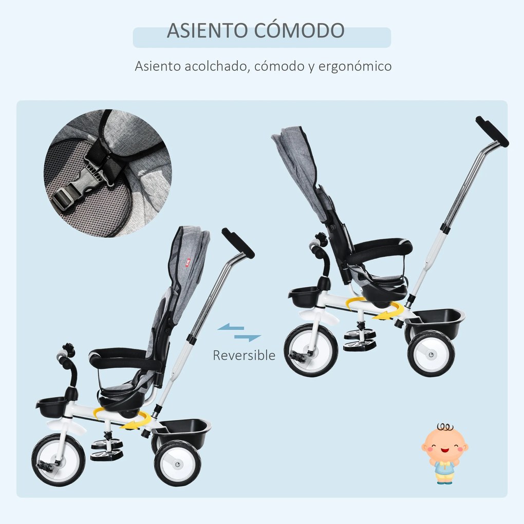 HOMCOM Triciclo para Bebé 2 em 1 Triciclo Evolutivo para Crianças de 1-5 Anos com Capô Dobrável Guiador Telescópico Grade de Proteção Removível e Apoio para os Pés 100x48x106cm Cinza