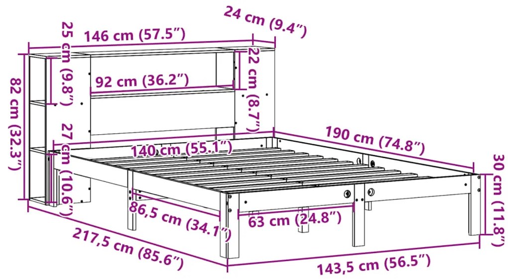 Cama com estante sem colchão 140x190 cm pinho maciço
