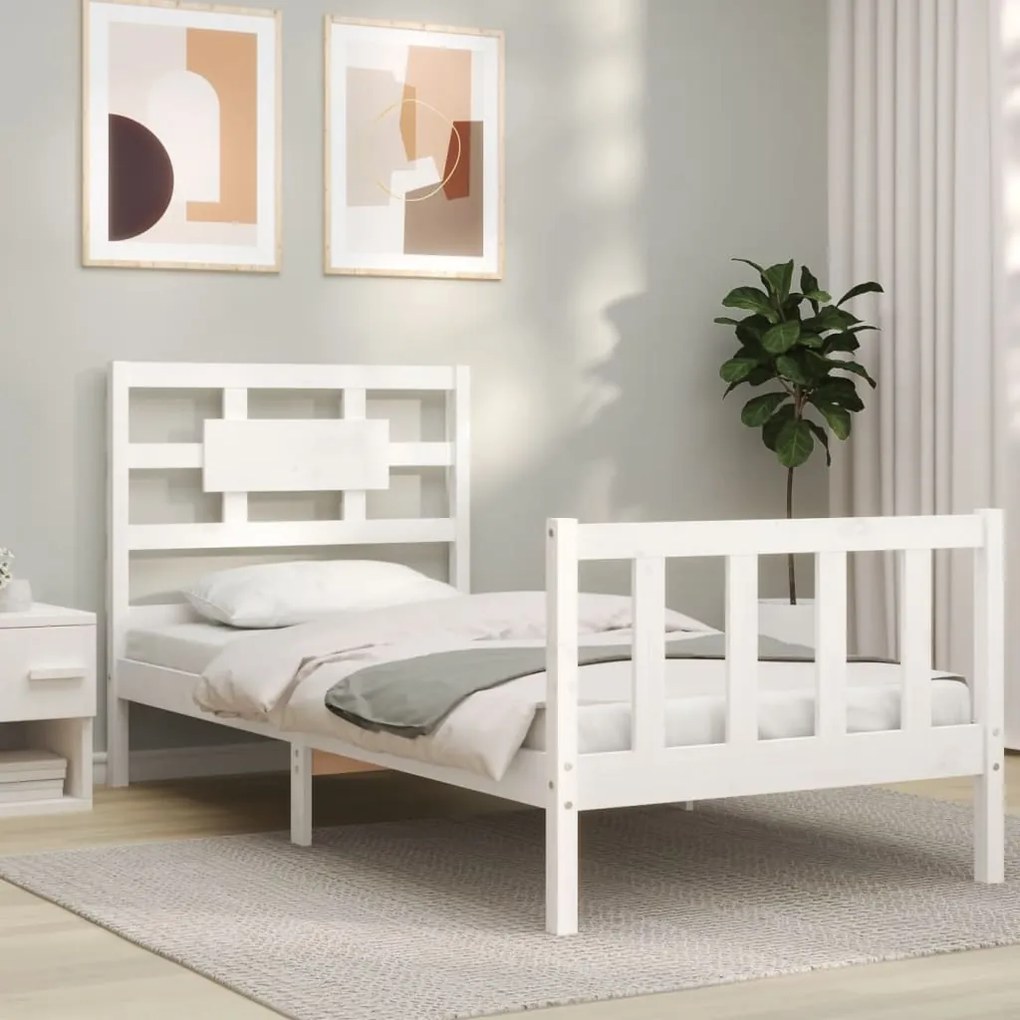 Estrutura de cama com cabeceira 100x200cm madeira maciça branco