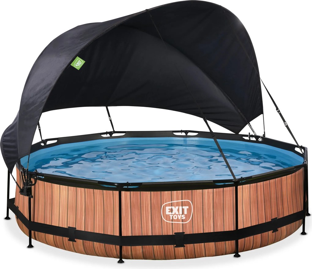 Piscina redonda Wood ø360x76cm com bomba de filtragem e cobertura - Castanha