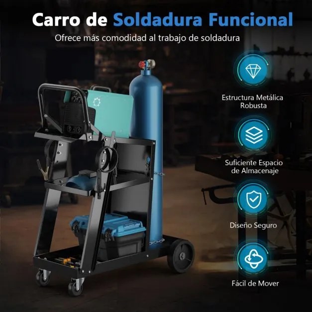 Carrinho de soldagem de 3 níveis 70 x 38 x 87 cm  (MAQUINA NÃO INCLUIDA) com 2 correntes de segurança, rodas giratórias, 2 ganchos laterais e capacida