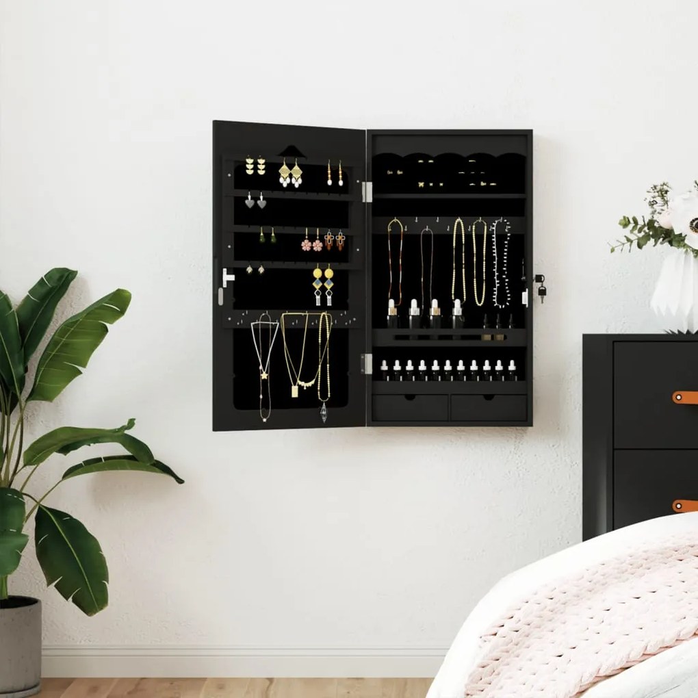 vidaXL Móvel para joias de parede espelhado 37,5x10x67 cm preto