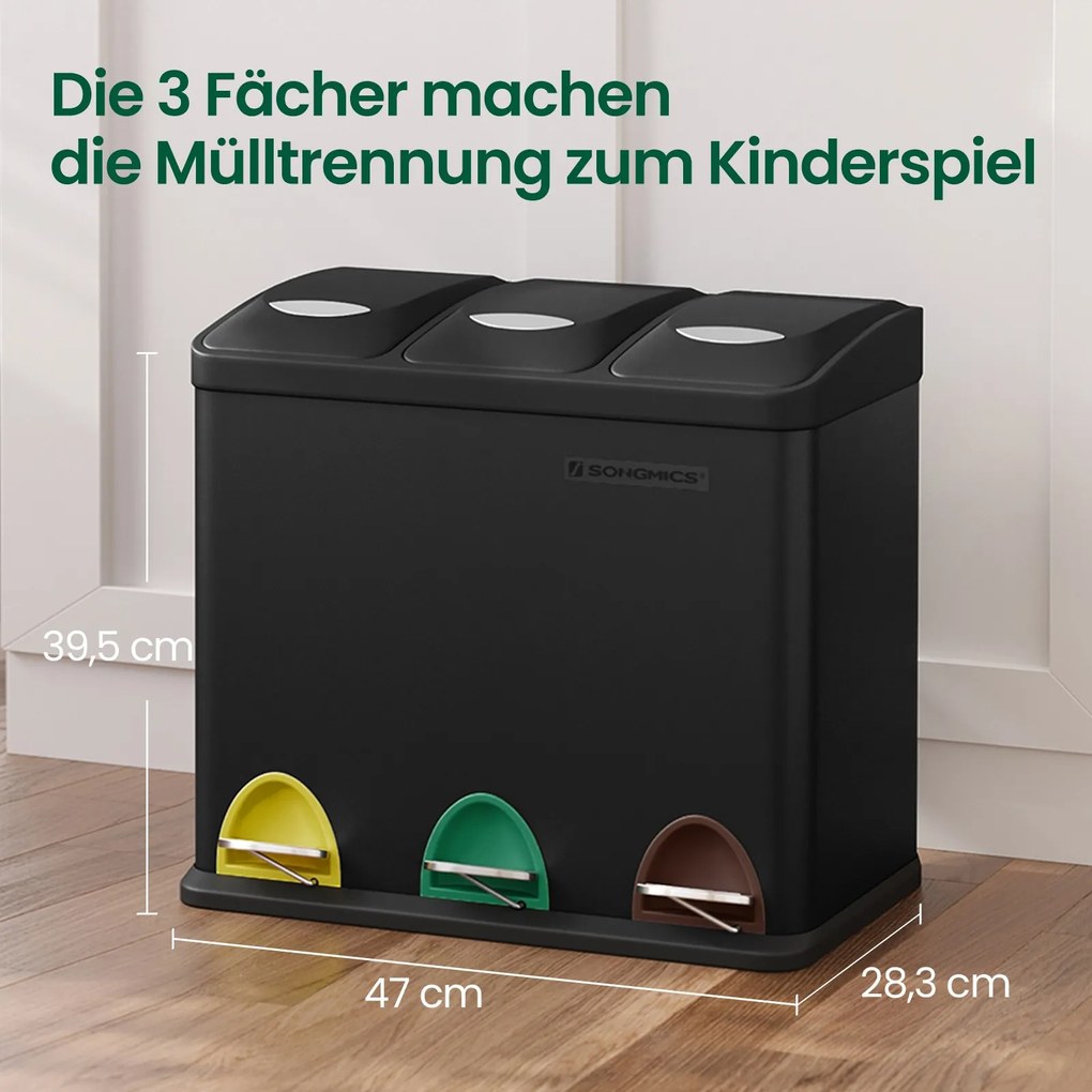 Caixote do lixo para cozinha 3 compartimentos x 8 L, 47 x 28,3 x 39,5 cm preto