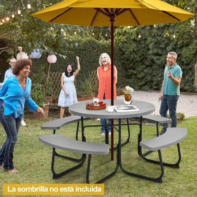 Conjunto de jardim para 8 pessoas com mesa e 4 bancos, orifício para guarda-sol e mesa de campismo redonda para piquenique no jardim Carga 225 kg Cinz