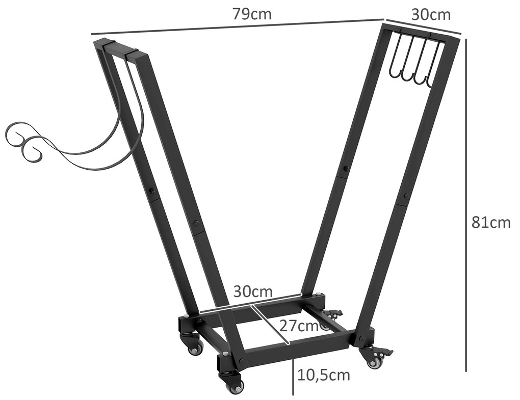 Suporte para Lenha Metálico Lenheiro de Exterior com Rodas e Gancho para Interior e Exterior Carga 50 kg 79x30x81 cm Preto