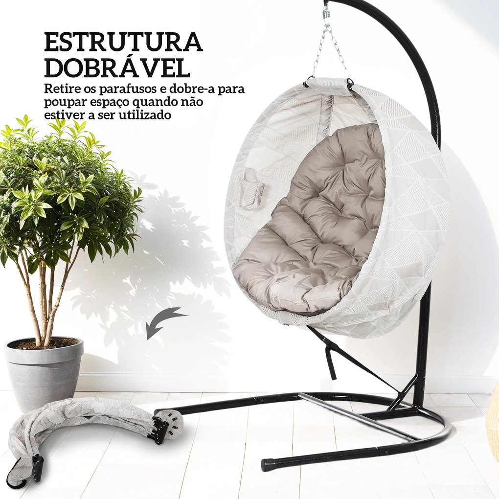 Cadeira Suspensa com Suporte Cesto Dobrável de Malha Dupla com Almofada e Apoio para Copos 106x114x178 cm Areia e Preto