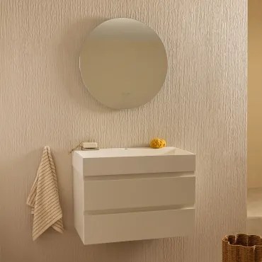 Conjunto De Móvel De Casa De Banho Suspenso Em Madeira E Folha De Freixo Com Lavatório Integrado Ona Branco & Redondo Led E - Sklum