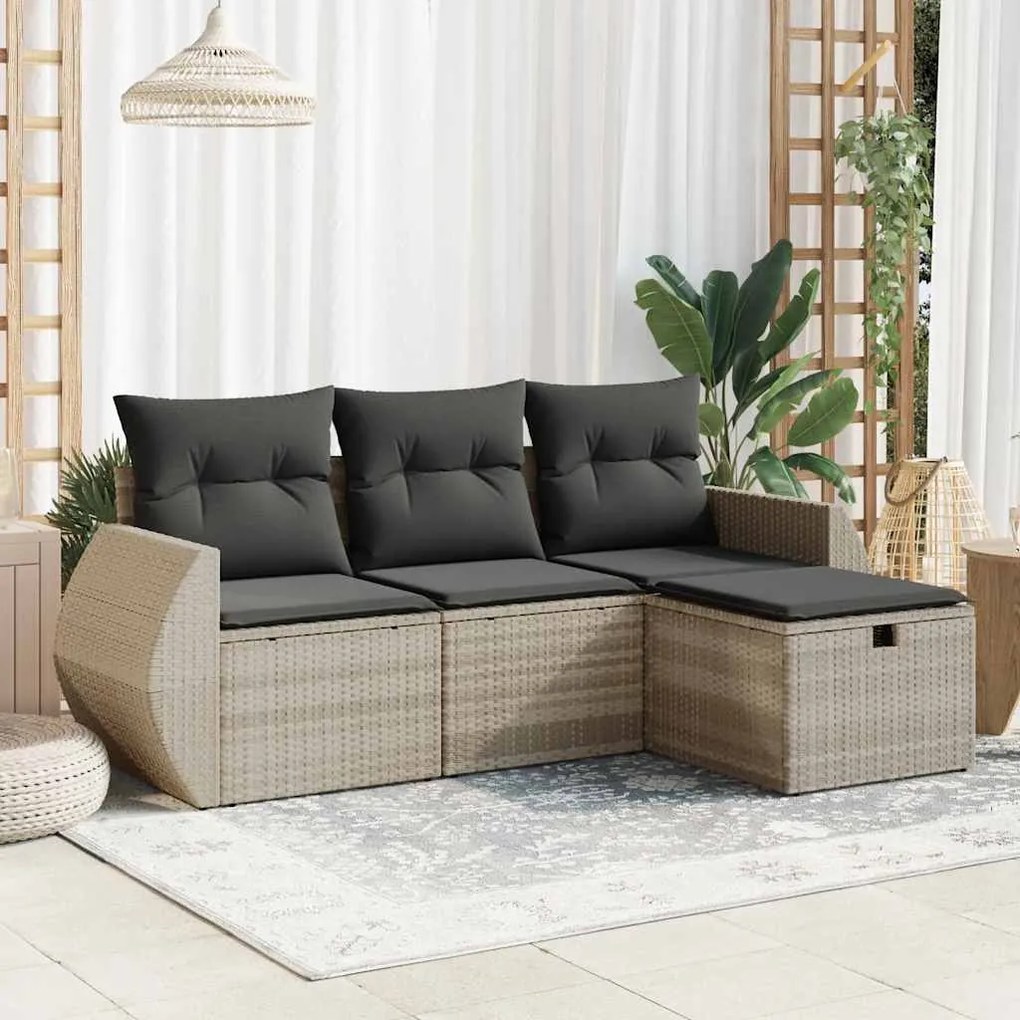 4 pcs conj. sofás jardim c/ almofadões vime PE cinzento-claro