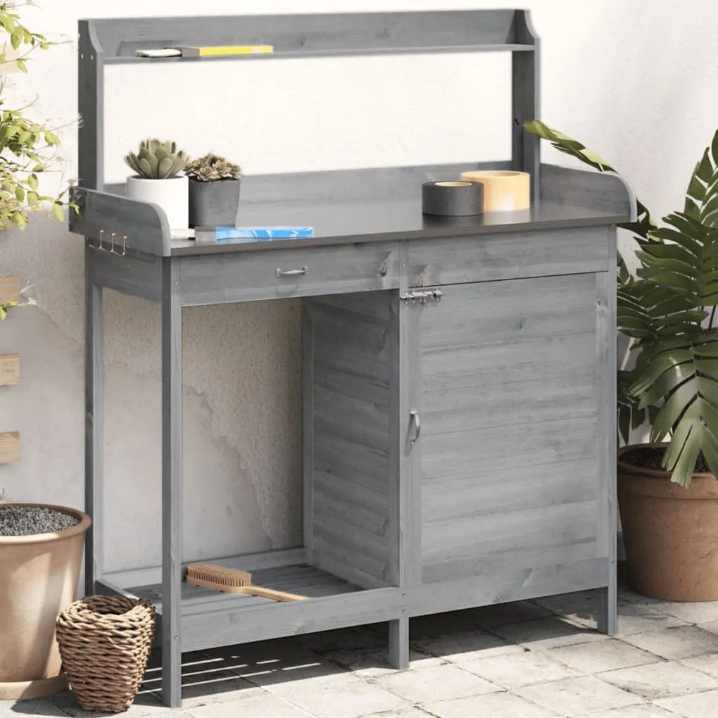 vidaXL Mesa de cultivo c/ armário 110,5x45x124,5 cm abeto maciço cinza