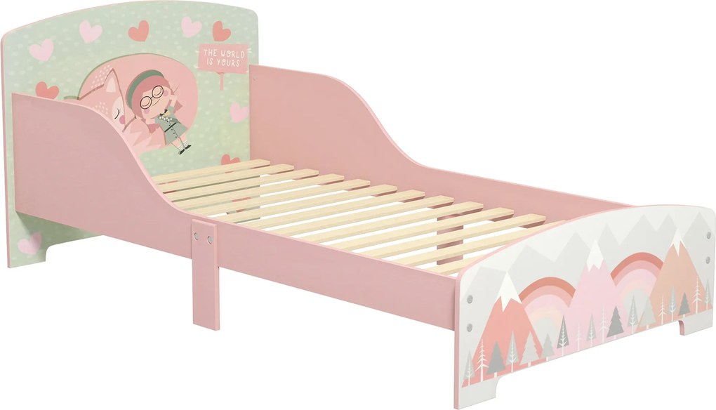 Cama para Crianças de Madeira (COLCHÃO NÃO INCLUIDO) com Barreira de Proteção e Estampados Carga Máx. 40 kg 143x77x60 cm Rosa