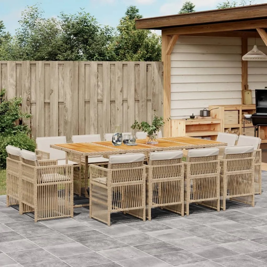 vidaXL 13 pcs conjunto de jantar p/ jardim com almofadões vime PE bege