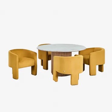 Conjunto De Mesa Redonda Ø120 Cm Em Mármore E Madeira De Mangueira Giselda E 4 Cadeiras De Jantar Em Veludo Xastru Mármore Castanho Toronto - Sklum