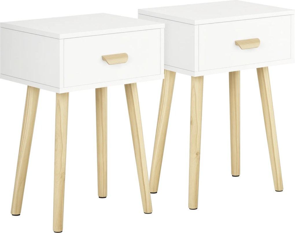 HOMCOM Conjunto de 2 Mesas de Cabeceira com Gaveta e Pés de Madeira Estilo Moderno 40,5x30,5x60cm Branco e Madeira | Aosom Portugal