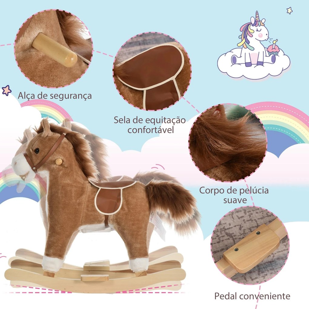 Cavalo Baloiço para Crianças Cavalo Baloiço de Pelúcia Suave com Música Relinchos Sons de Galope Boca e Cauda Móveis 65x32,5x61 cm Castanho