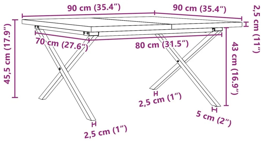 Mesa de centro estrutura em X 90x90x45,5 cm pinho/aço