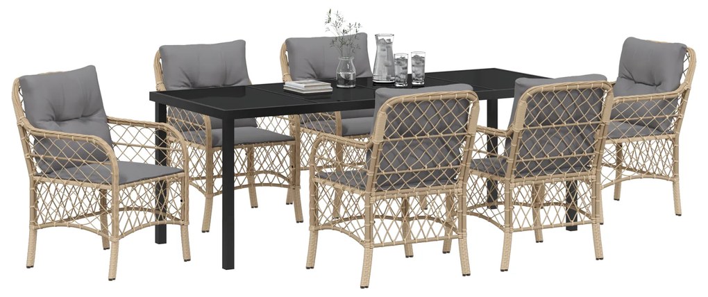 Conjunto de Jantar de Jardim 7 Peças com Almofadas Bege Vime Poly