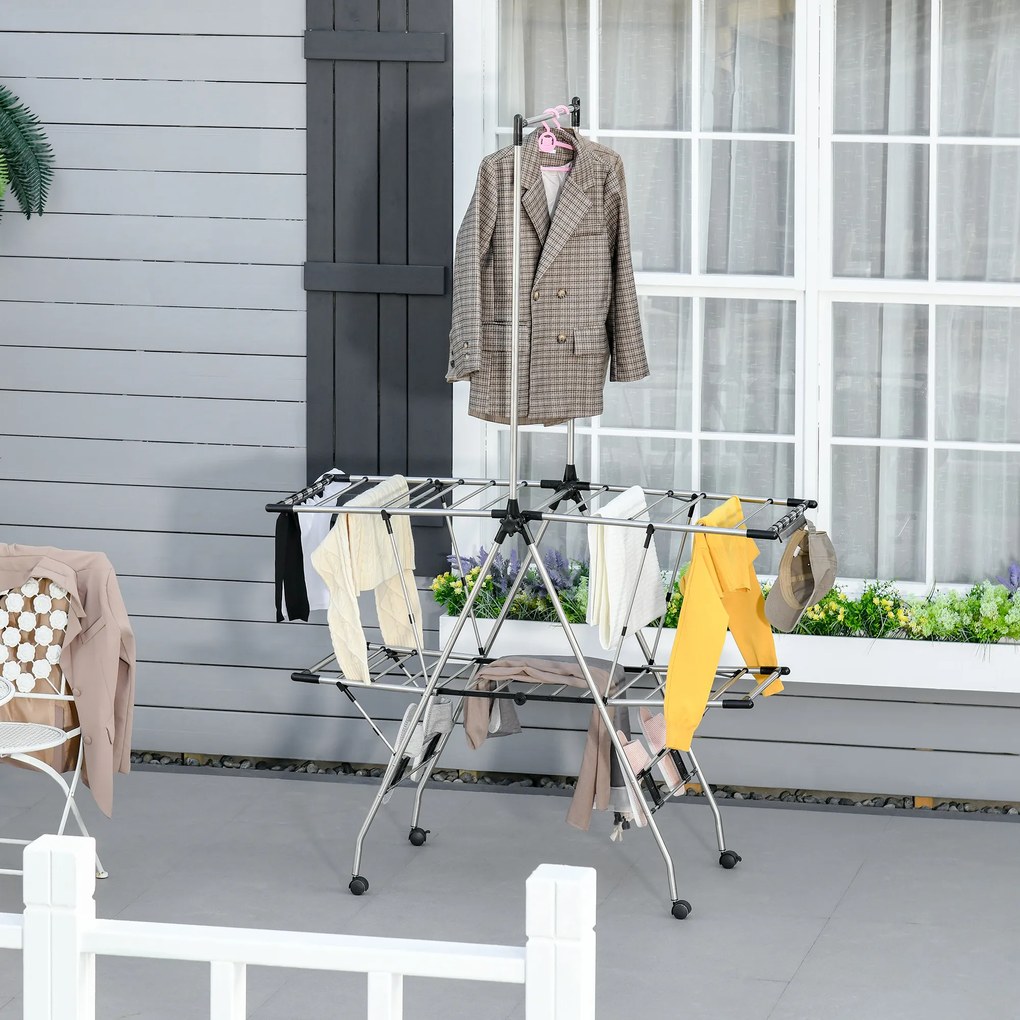 Estendal de roupa dobrável com rodas, ampla área de secagem, aço inoxidável, 138,5 x 63 x 208 cm, prateado e preto