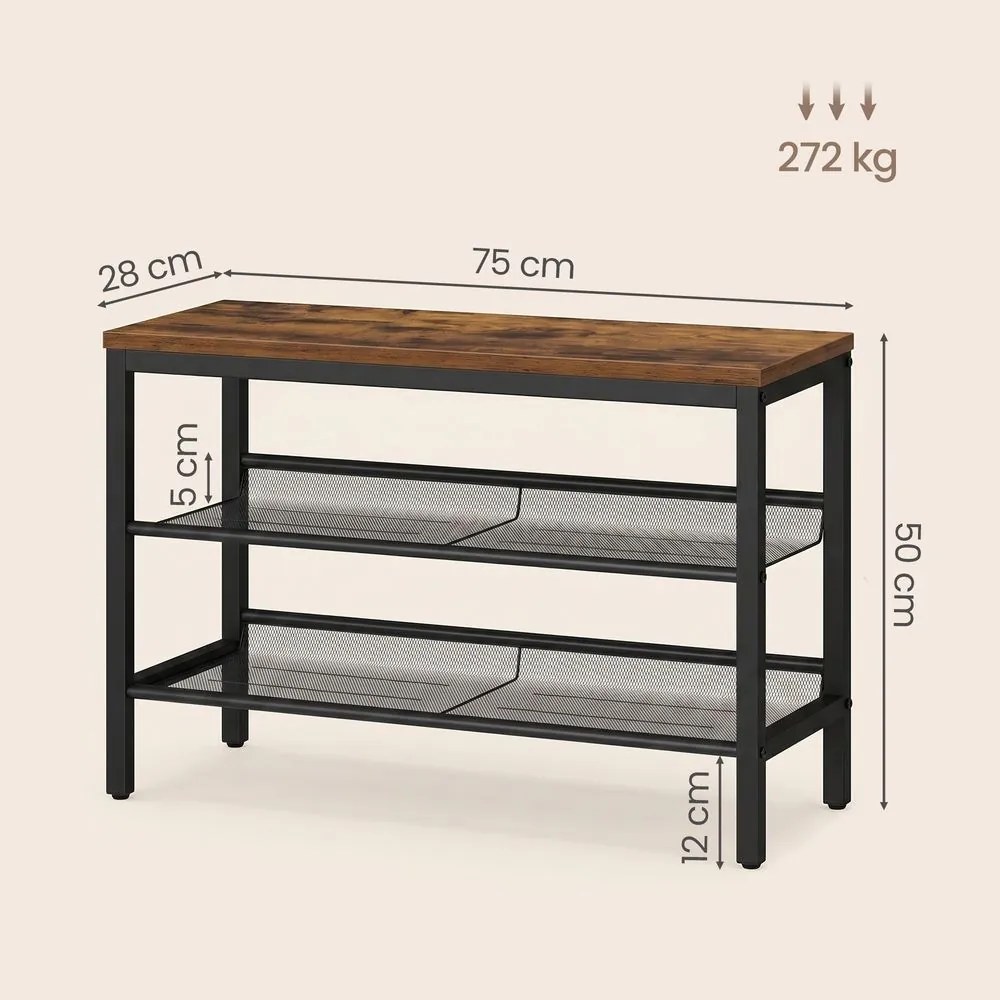 Sapateira com 3 níveis em estilo industrial 28 x 75 x 50 cm castanho-escuro e preto