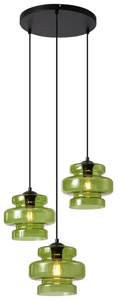 Candeeiro suspenso retro preto com vidro verde 3 luzes - Denise Retro