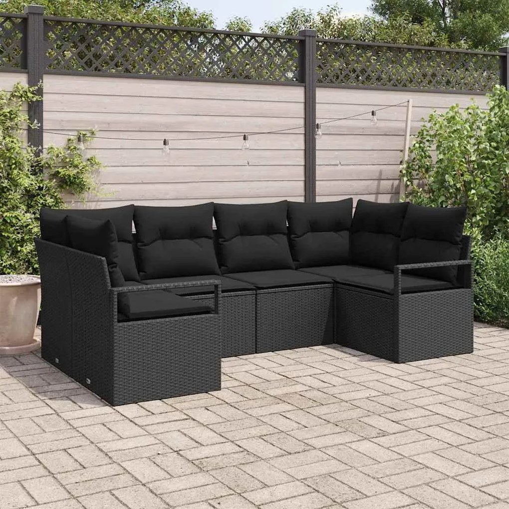 vidaXL Conjunto de Sofá de Jardim com 6 peças da com Almofadas de Rattan Poliéster Preto