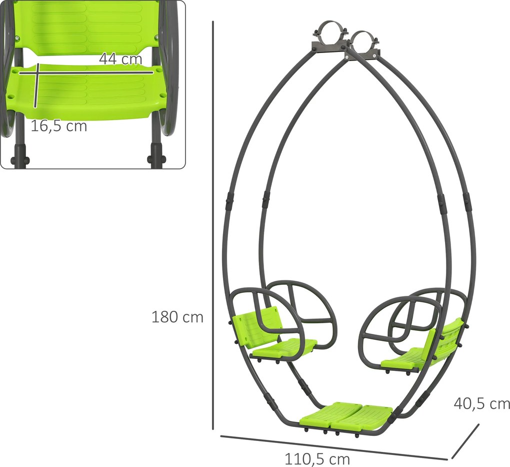 Baloiço para crianças com estrutura metálica e pega, para 2 crianças dos 3 aos 6 anos, 110,5 x 40,5 x 180 cm, verde