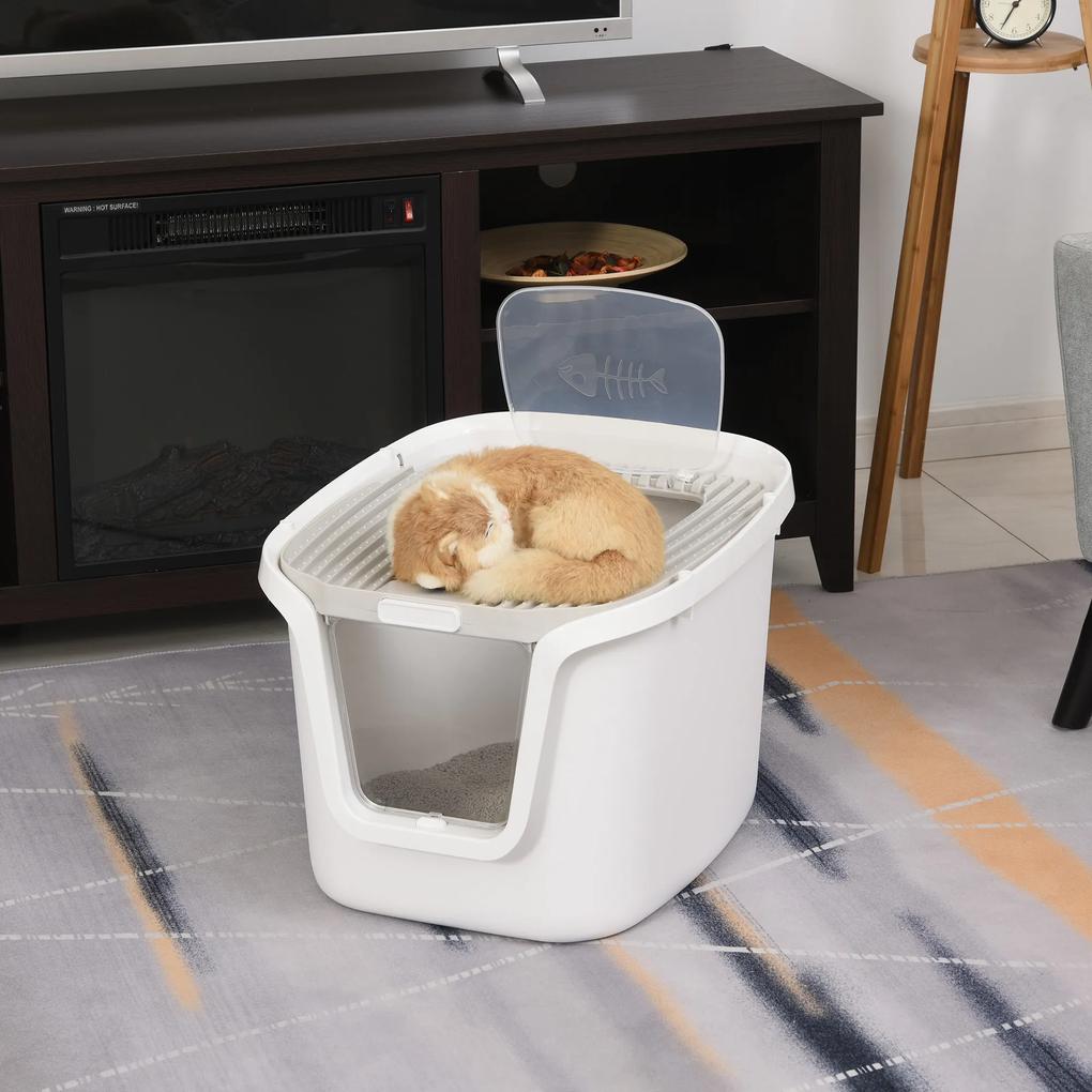 PawHut Caixa de areia para gatos com porta dupla Caixa desodorizante de carvão ativado Pá Equipada Amplo espaço 55,5x44,5x38,3 cm cinza branco