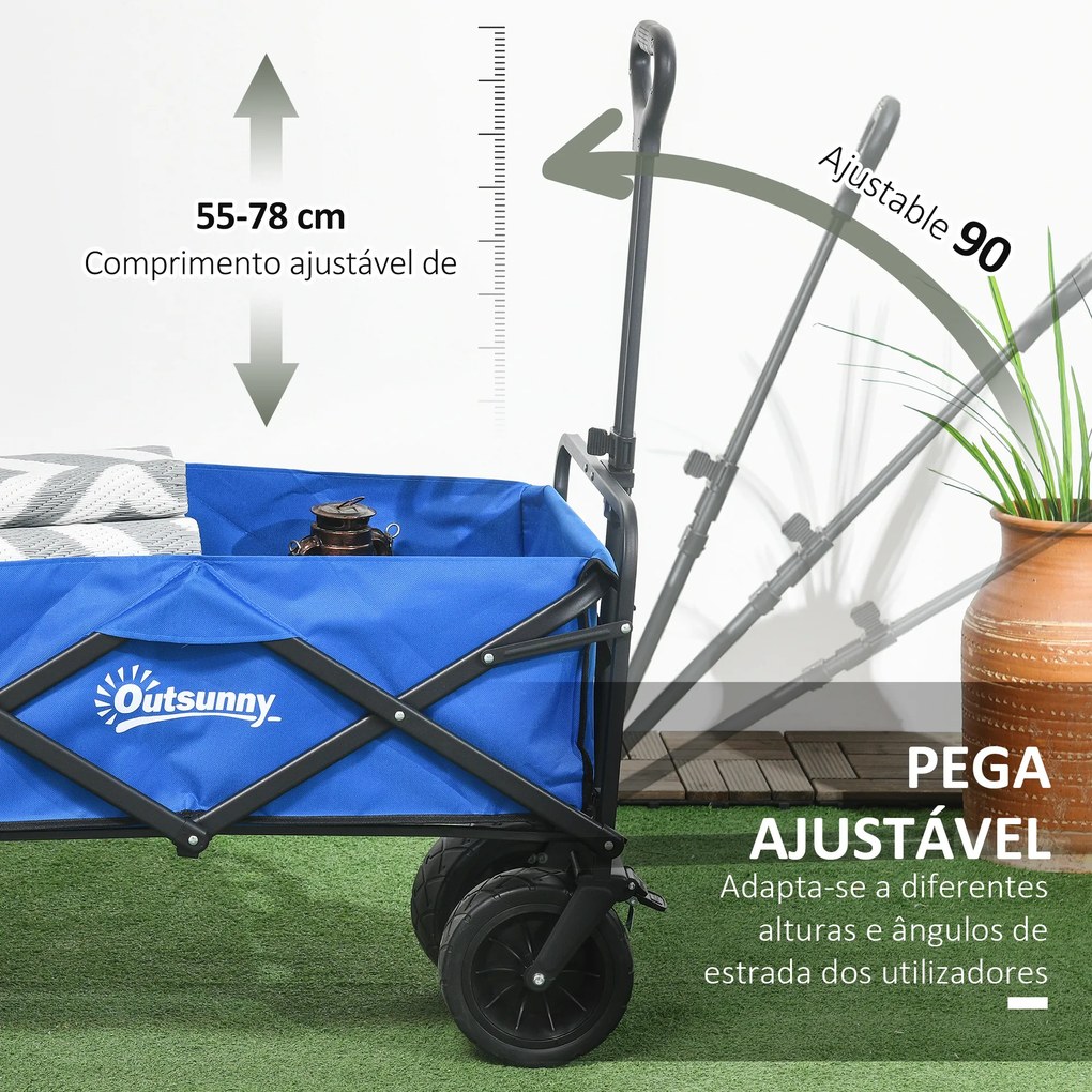 Carrinho de Transporte Dobrável com Bolsa Térmica Removível Capacidade 100 kg para Campismo Praia 113x57x77-100 cm Azul