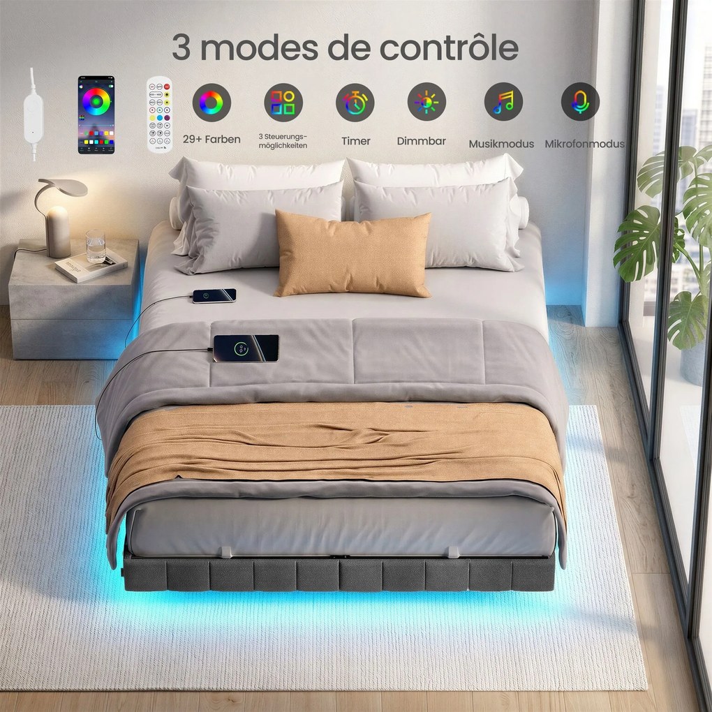 Estrutura de cama 180 x 200 cm, com iluminação LED, base de cama (COLCHÃO NÃO INCLUIDO) Cinza