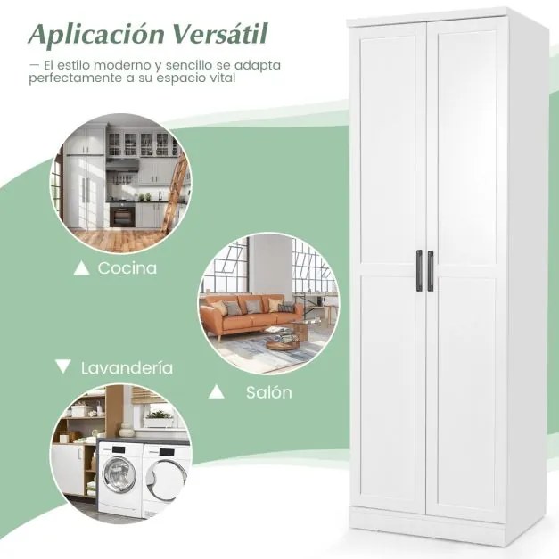 Armario cozinha multifuncional com 2 portas e 5 estantes ajustáveis 59 x 43,5 x 178 cm Branco