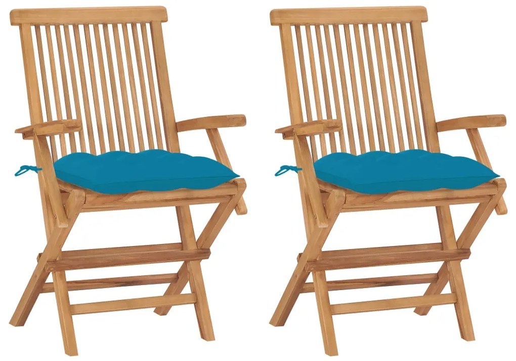 vidaXL Cadeiras de jardim c/ almofadões azul-claro 2 pcs teca maciça