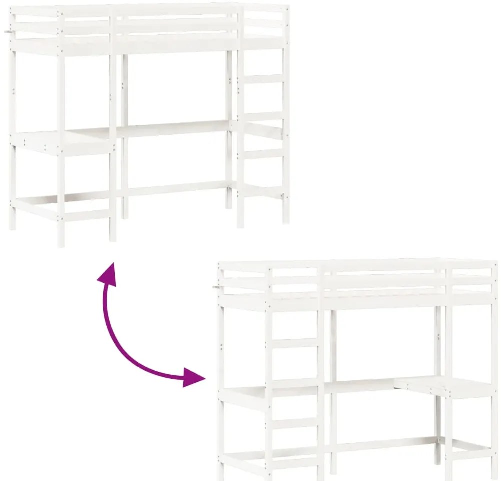 Cama alta com secretária 80x200 cm pinho maciço branco