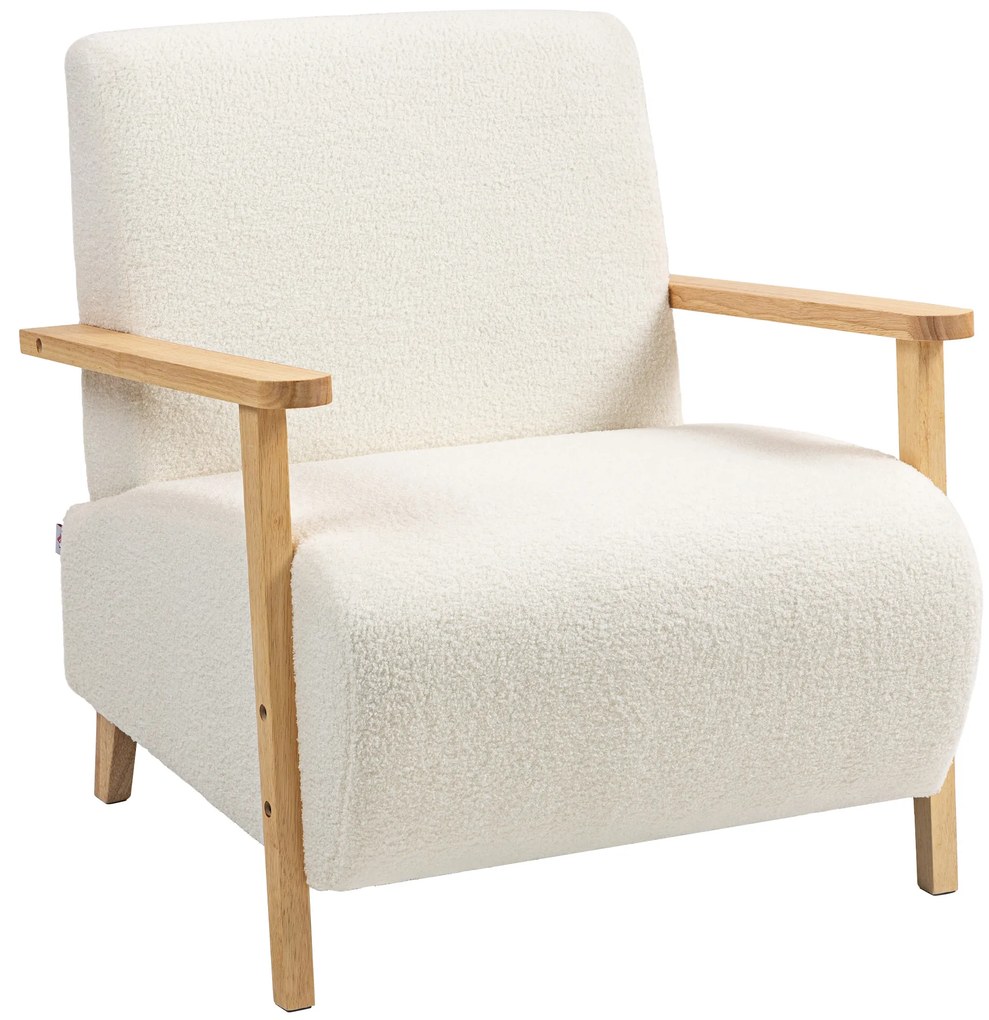 HOMCOM Poltrona Nórdica Poltrona Sala de Estar Estofada em Borrego com Apoio para os Braços de Madeira  74,5x76x78 cm Creme