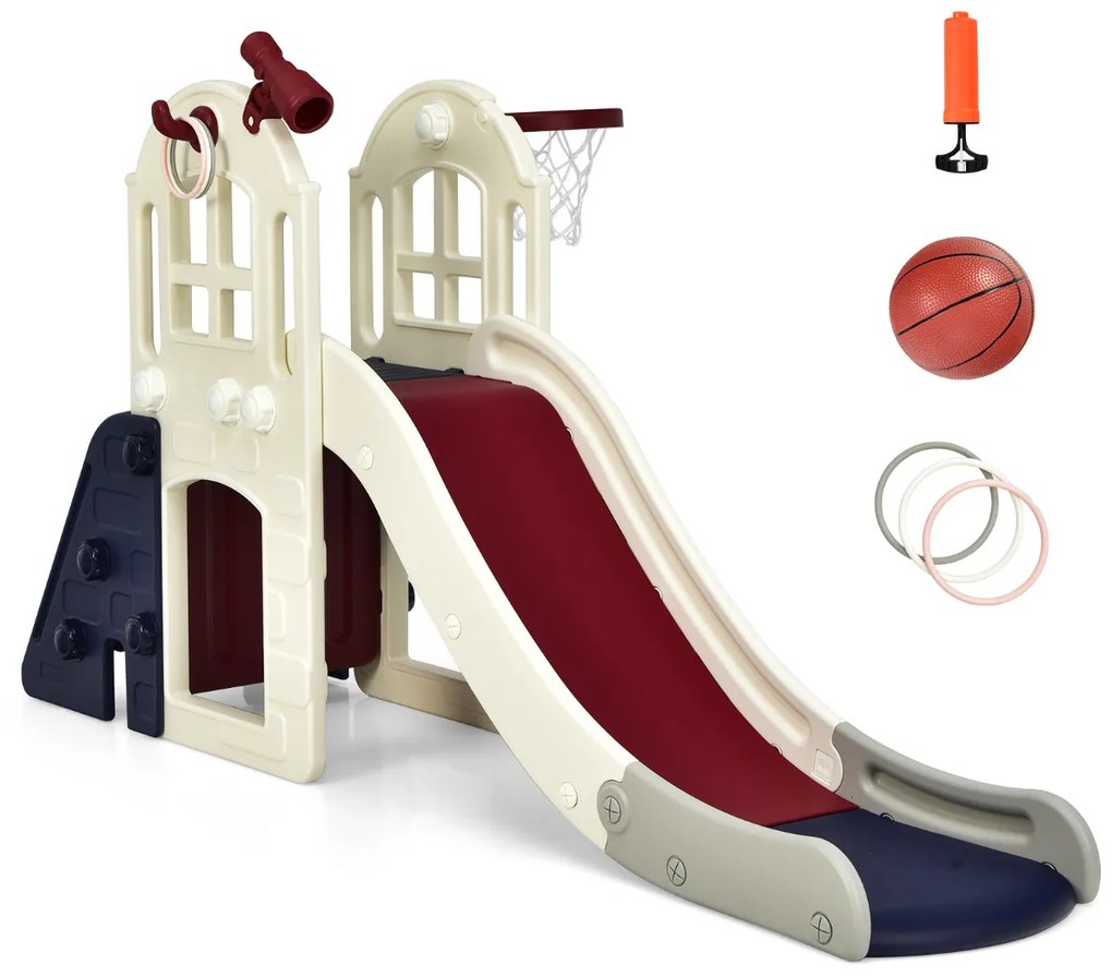 Escorrega infantil grande 6 em 1, jogo com anel de bola de basquetebol, telescópio para uso interno e externo 189,5 x 83 x 98 cm azul