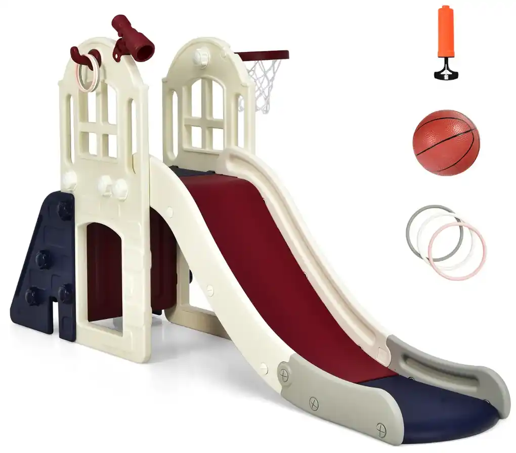 Escorrega infantil grande 6 em 1, jogo com anel de bola de basquetebol,  telescópio para uso interno e externo 189,5 x 83 x 98 cm azul
